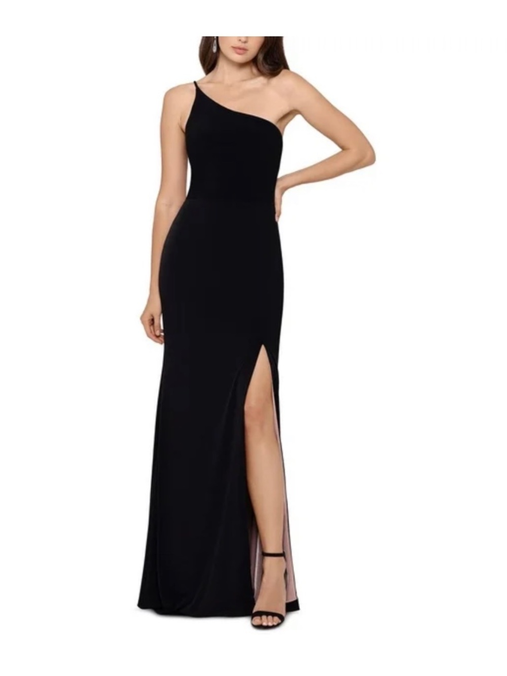 Xscape Black One-Shoulder Maxi Dress with Thigh Slit